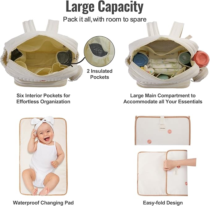 Diaper Bag Backpack, Medium Maternity baby bag & Changing Pad, Insulated Pockets, Stroller Straps & Pacifier Case (Medium - Beige Flowers)