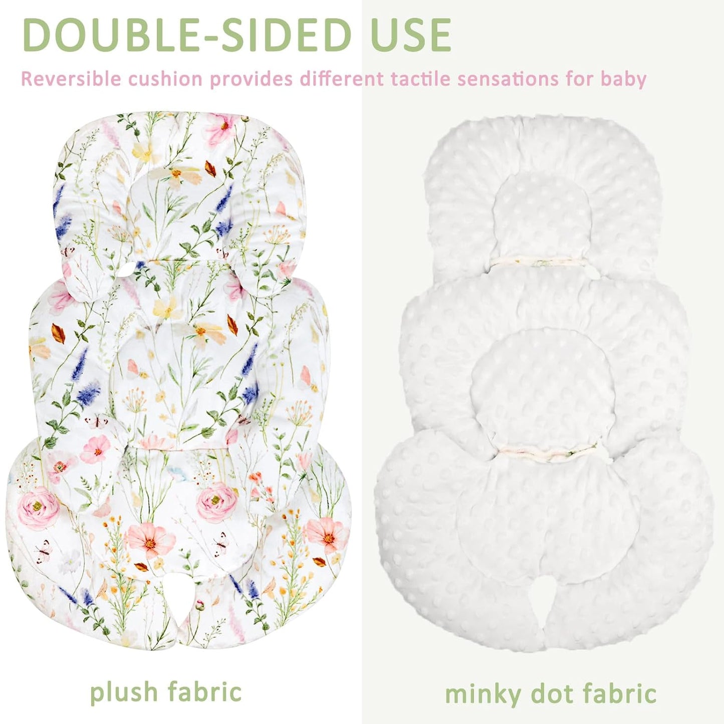 Infant Car Seat Insert, Car Seat Head Support Baby Girls Boys, Soft & Reversible Newborn Carseat Insert Cushion with 2 Strap Covers, for Stroller, Swing, Bouncer (White Wildflowers)