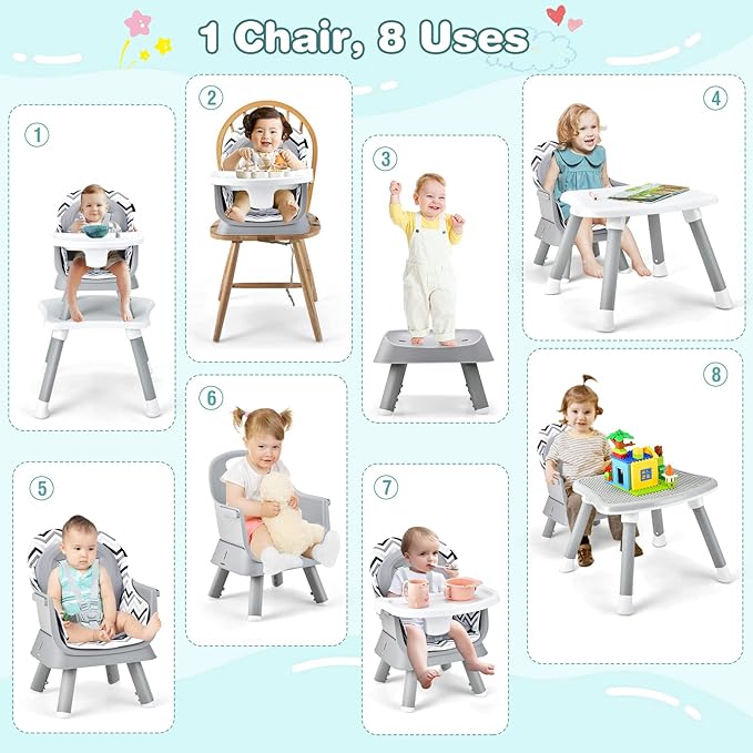 KOTEK Baby High Chair, 8 in 1 Convertible Highchairs for Babies and Toddlers, Building Block Table, Booster Seat, Toddler Chair with Removable Tray, Safety Harness, Dual Cushions (Chevron)