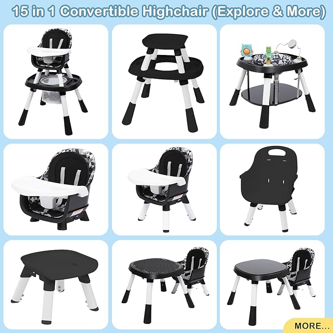 Xilingol 15-in-1 Convertible High Chair, 2-in-1 Baby Highchair & Activity Center W/Toys, Booster Seat | Building Block Table | Toddler Chair W/Removable Tray & 5-Point Harness & 2-Layer Cushion(Black)