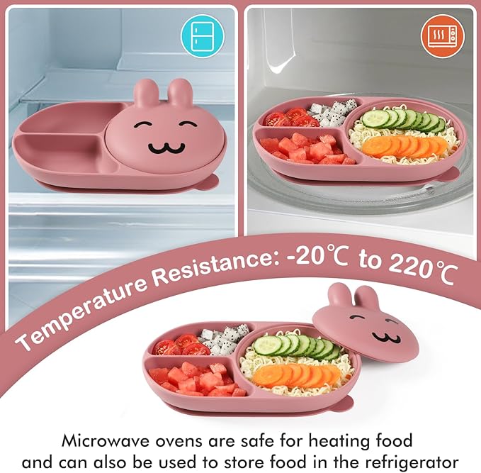 Silicone Baby Plate,Toddler plates,Self-feeding of infants after weaning, 100% Food Grade Silicone, BPA Free, Including Fork and Spoon, Baby Plates With Suction, Divided Plate for Babies (pink)