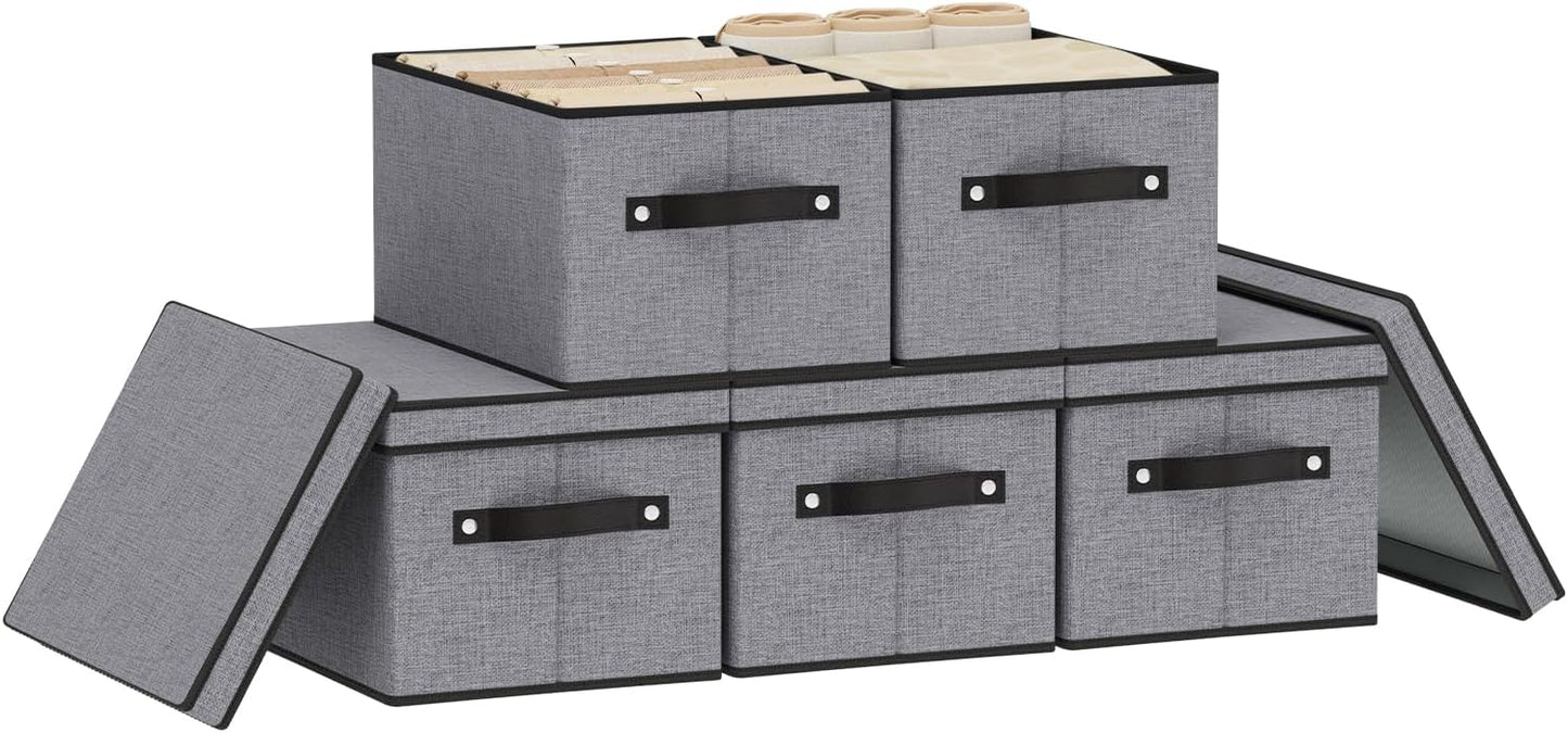 Fabric Storage Boxes, 7.1 x 9.1 x 13 Inch Baskets for Shelves with Lids, Wardrobe Organiser with Handles, Decorative Linen Closet Organizer Bins, Gray, 5 Pack