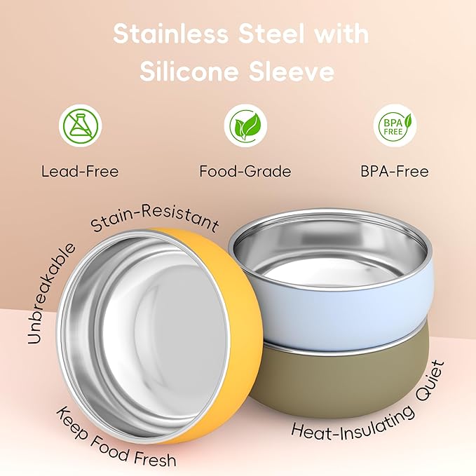 Bella's Friends Stainless Steel Baby Bowls with Silicone Sleeve 3 Pack, 5” for Toddlers Kids Feeding, Non-Slip, Non-Toxic, Mess-Free, Dishwasher Safe, Fit High Chair Size