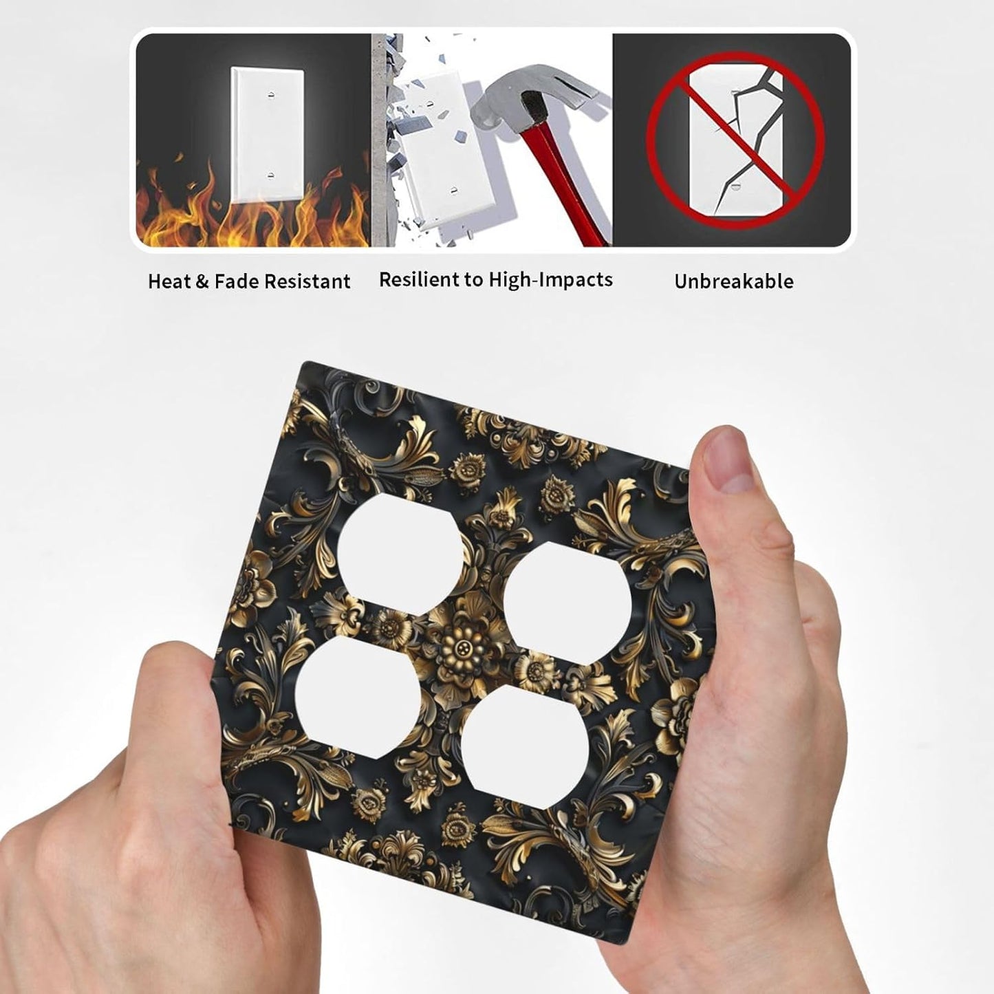 Decorative Outlet Covers Rococo Vintage Black Golden Leaf Morris Vine 2 Gang Wall Plate Cover Double Duplex Receptacle Two Switch Light Switch Cover Plate Jumbo Dual Faceplate