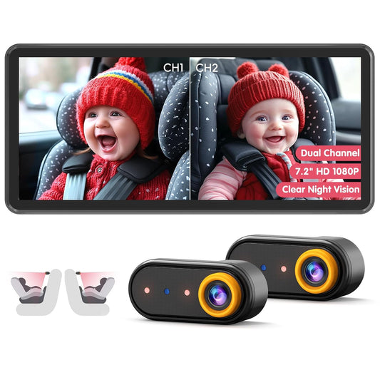 BM5 PRO Baby Car Camera for 2 Kids, 7.2" 1080P Dual Channel Display for Car Seat, Easy Installation with 2 IR Night Vision Cameras, Rear Seat Safety for Babies and Pets