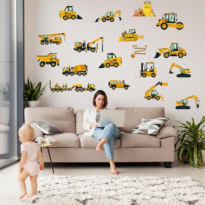 Wall Decals Stickers Construction Vehicles Wall Stickers Tractor Excavator Crane Wall Murals Peel and Stick Removable Wall Decor for Nursery Kid Boys Girls Bedroom Living Room Playroom Classroom