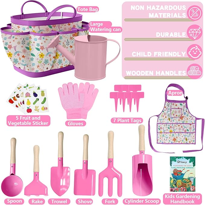 Kids Gardening Set 14Pcs Gardening Tools for Kids with Tote Bag,Watering Can, Shovel, Apron, Garden Book and More Educational STEM Learning Outdoor for Toddlers Boys Girls (Mermaid Rose Red)