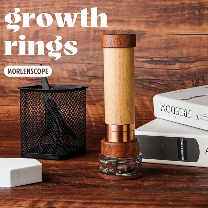 Growth Rings Wooden Kaleidoscope Full Screen Effect,6.5" Handmade Brass Rotatable Oil-Filled Core Box Nature Kaleidoscope Kit,Vintage Gift Box,Anniversary Birthday Gift for Man Woman