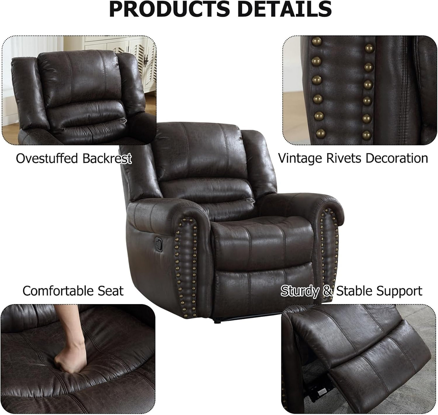 CANMOV Leather Recliner Chair, Classic and Traditional Manual Recliner Chair with Comfortable Arms and Back Single Sofa for Living Room, Dark Grey