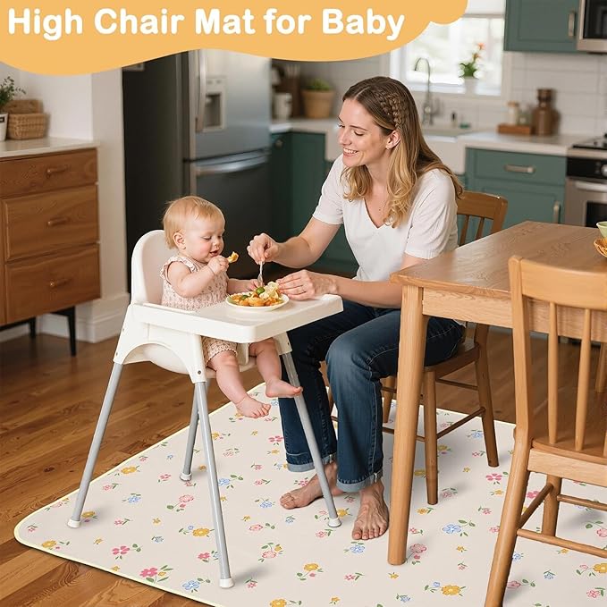 Splat Mat for Under High Chair 42 x 42 Inch Waterproof Baby Splash Mat with Non Slip Bottom Reusable Portable Highchair Mat for Floor Food Catcher for High Chair, Yellow Pink Floral
