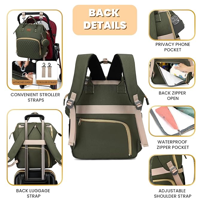 Diaper Bag Backpack with Changing Pad, Pacifier Case, Baby Bag for Boy Girl Toddler - Large, Stylish, Waterproof Travel Quilted Diaper Bag for Mom - Baby Shower - Army Green