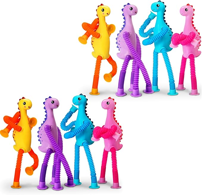 Sensory Travel Toys Chirstmas Stocking Stuffers Gift for Toddlers Kid Boy Year Old Ages 3+ Airplane Activities Suction Autism Pop Tube Fidget Toys Autistic Items Valentine for Kids (8pc-Dinosaur)