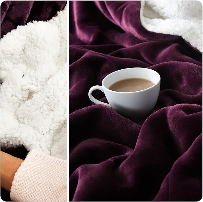 NANPIPER Sherpa Blanket for Couch, Warm and Lightweight Throw, Soft Fuzzy Plush Fleece for Winter, Plum Purple 50x60 Inches