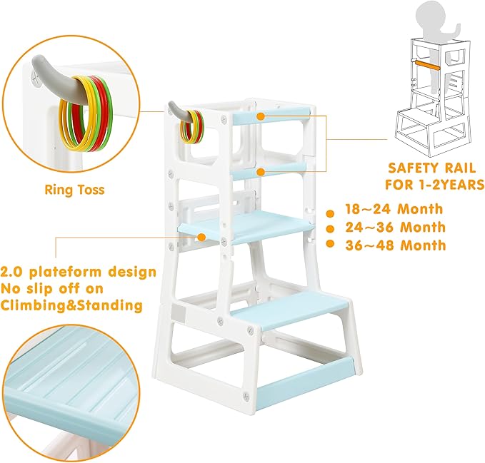 SDADI Adjustable Height Kids Kitchen Step Stool with Removable Safety Rails and Anti-Slip Protection- Toddler Standing Tower with with Ring Toss for Learning and Playing (Beige and Blue)