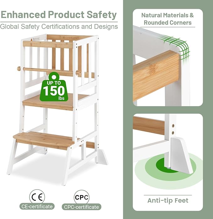 COSYLAND Toddler Standing Tower - Adjustable Height Toddler Kitchen Stool Helper - Kids Kitchen Step Stool for Learning with Removable Safety Railing White & Natural