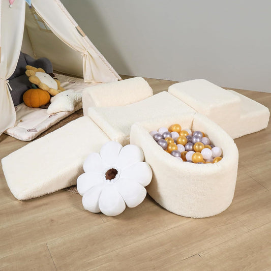 Foam Climbing Blocks - Climbing Toys for Toddlers 1-3 Inside - Soft Play Set for Babies - Indoor Activity Soft Playset for Baby 6-12 Months - Sherpa Fabric - 5 PCS - Balls NOT Included