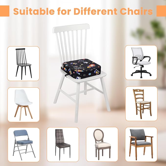 Toddler Booster Seat for Dining Table, Kids Booster Seat for Kitchen Chair with Non-Slip Bottom, Portable Detachable Washable Increasing Cushion with 2 Adjustable Straps (Universe)