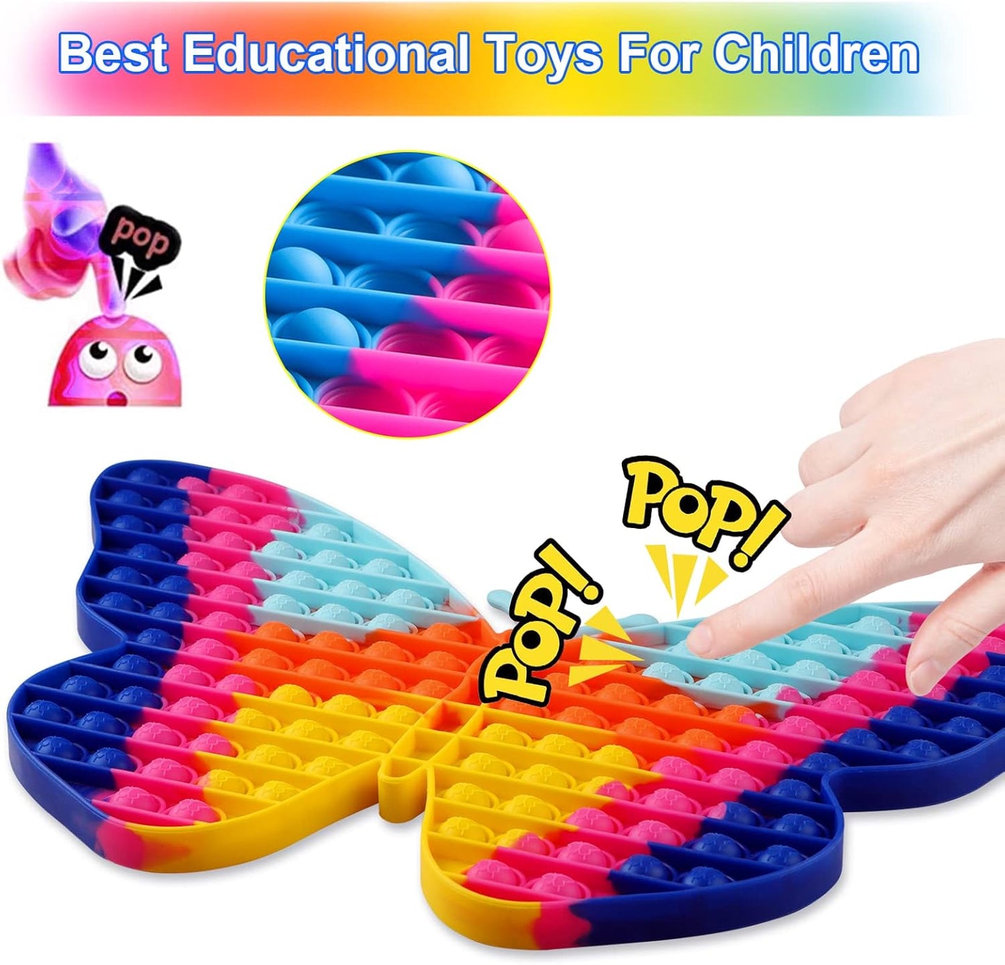 Pop Fidget Sensory Toys, Big Size Jumbo Butterfly Pop Toys 188 Bubbles Push it Bubble Toy Cute Colourful Game Anxiety Stress Reliever Silicone Squeeze toy Pop Sound for Girls Kids Adults Gifts-Blue