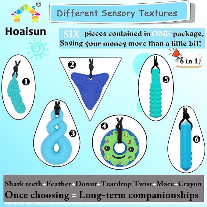 Chew Necklaces for Sensory Kids, 6 PCS Sensory Chew Necklaces for Boys Girls with ADHD, SPD, Autism, Chewing Needs, Silicone Chewy Necklaces Chew Toys for Adults Used for Reliving Anxiety and Stress