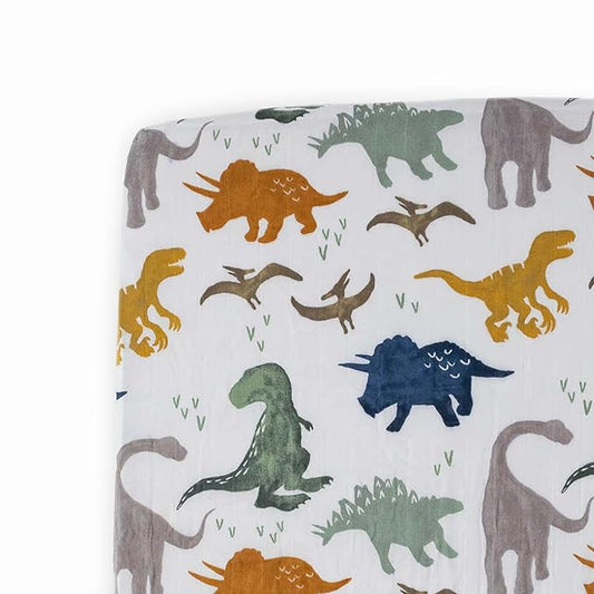 Little Unicorn Premium Crib Sheet | Breathable & Super-Soft Muslin Fabric (Dino Friends)
