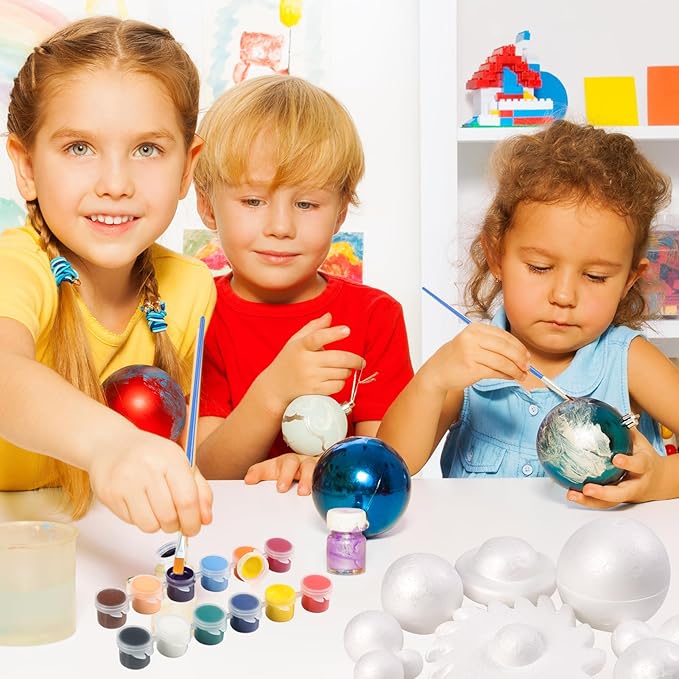 Ayfjovs 56PCS Solar System Foam Balls Crafts for Kids School Projects to Learn Planets, Includes 20pcs Mixed Sizes Polystyrene Balls, Color Pigments, Flags, Painting Brushes, Bamboo Sticks for DIY