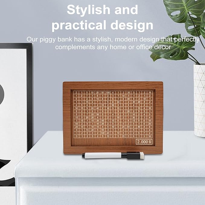 10000 Savings Challenge Box, Money Saving Box with Money Target and Numbers, Cash Vault Wooden Savings Box, Wooden Money Box, Coin Counter Piggy Bank for Adults, Wooden Coin Bank for Kids 2,000