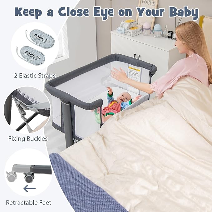 INFANS 3 in 1 Baby Bassinet, Bedside Sleeper for Newborn, Folding Crib with Mattress, Travel Bag, Wheels, 4-Sided Mesh, Easy to Assemble Cradle Co Sleeper Stationary, Rock (Dark Grey)