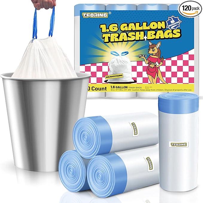 1.6 Gallon Mini Trash Bags Drawstring - 120 Count Strong Small Garbage Bags Unscented,White Trash Can Liners Strong Little Waste Basket Bags 6 Liter for Home Bathroom Office Car