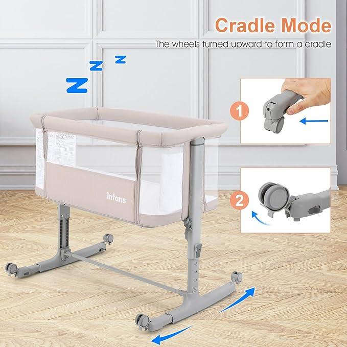 INFANS 3 in 1 Baby Bassinet, Bedside Sleeper for Newborn, Folding Crib with Mattress, Travel Bag, Wheels, 4-Sided Mesh, Easy to Assemble Cradle Co Sleeper Stationary, Rock (Beige)
