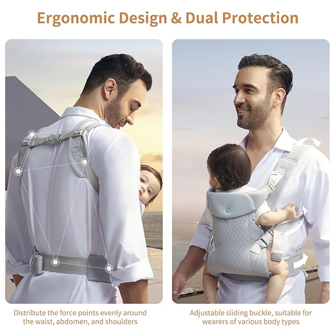 IULONEE Baby Carriers from Newborn with Detachable Bibs Ergonomic Portable Baby Front & Back Backpack Carry Adjustable Toddlers Carrier for Infant Within 33lbs Light Gray