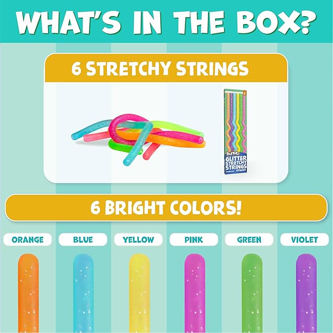 BUNMO Sensory Toys Stretchy Strings for Toddlers 3+ - Stimulating & Addictive Fidget Toys for Kids - Hours of Fun for Kids - Non-Mouthable Toy 3+ - Glitter 6 Pack