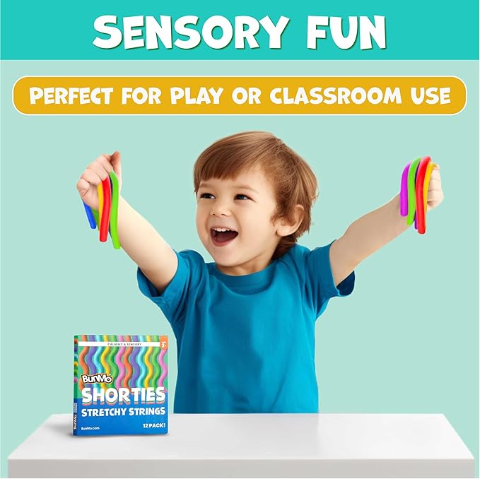 BUNMO Sensory Toys Stretchy Strings for Toddlers 3+ - Stimulating & Addictive Fidget Toys for Kids - Hours of Fun for Kids - Non-Mouthable Toy 3+ - Mini Smooth 12 Pack