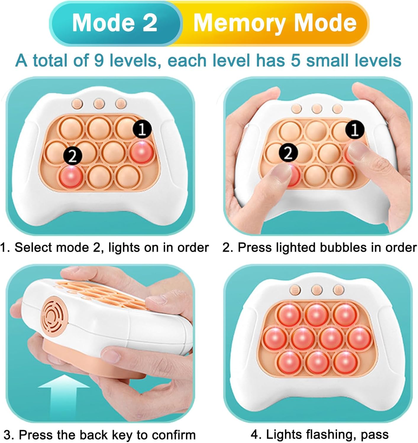 Pop Quick Push Game Console Light Up Sensory Fidget Toys Handheld Puzzle Popping Press Toy for Kids Adult White