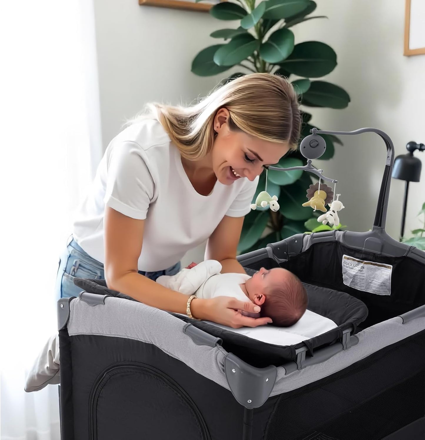 5 in 1 Baby Crib,Bedside Sleeper Bassinet,Pack and Play with Bassinet and Changing Table,Portable Travel Playpen Music Box,Portable Travel Crib for Infant Newborn (Black Gray)