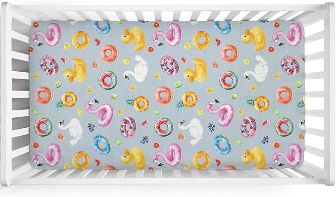 Summer Pool Floats Baby Crib Sheet 52''x28'' Tropical Flamingo Duck Watermelon Pineapple Stretchy Fitted Crib Mattress Cover for Boy Girl Soft Baby Bed Sheet for Standard Crib and Toddler Mattress