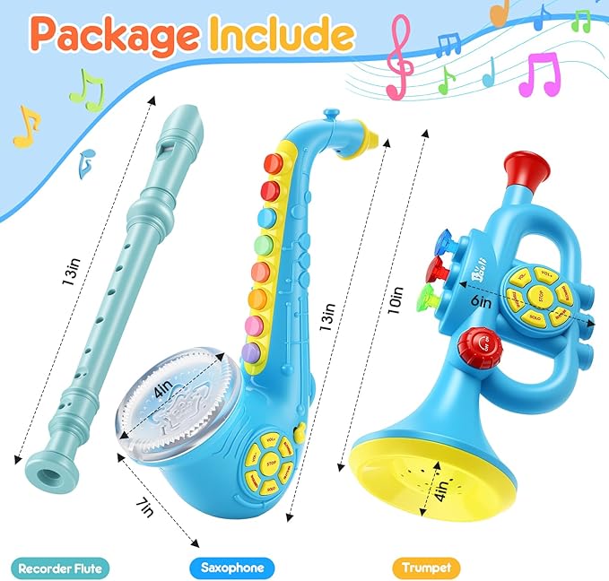 Set of 3 Toy Saxophone Kids Trumpet and Recorder Flute,Musical Instruments Set for Children,Teaching Songs Gifts with Light & Sound for Kids Ages 3-5 5-9, for Kid