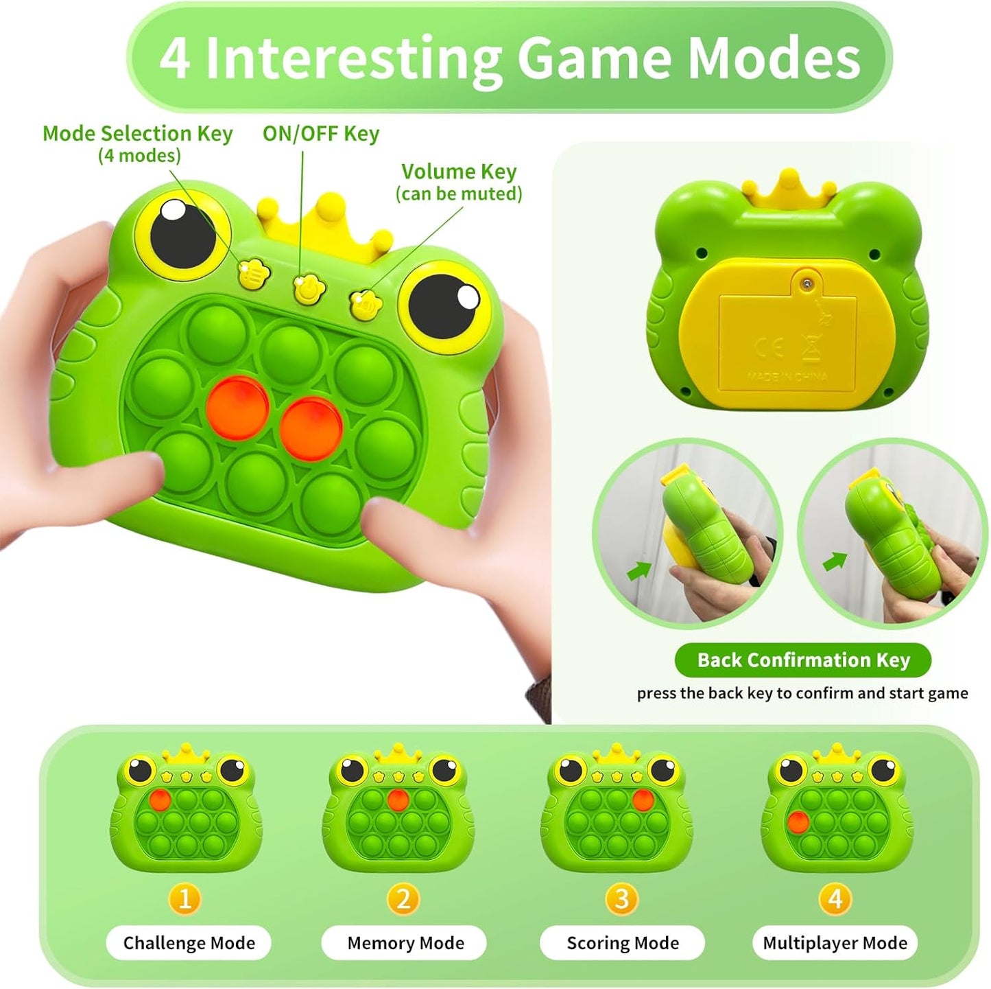 Pop Quick Push Game Console Fidget Toys Light Up Handheld Puzzle Press Popping Toy for Kids Adult Cute Green Frog