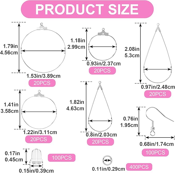 Pndeyo 700pcs Hypoallergenic Earring Beading Hoops, Mix Sizes Round Hoop Earrings Findings, Open Earring Wire Ring Accessories for Jewelry Making- Silver