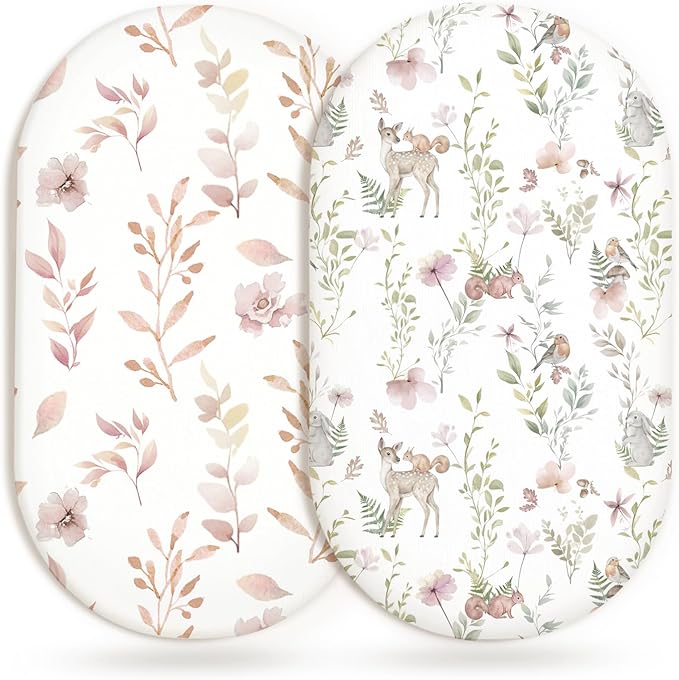 Bassinet Sheets for Baby Girls Boys 2 Pack, Fitted Baby Mattress Sheet for Rectangle, Oval, Hourglass Bassinet Mattress, Breathable Cozy & Universal Fit (Floral Fawn)