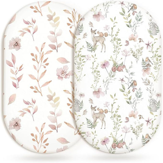 Bassinet Sheets for Baby Girls Boys 2 Pack, Fitted Baby Mattress Sheet for Rectangle, Oval, Hourglass Bassinet Mattress, Breathable Cozy & Universal Fit (Floral Fawn)