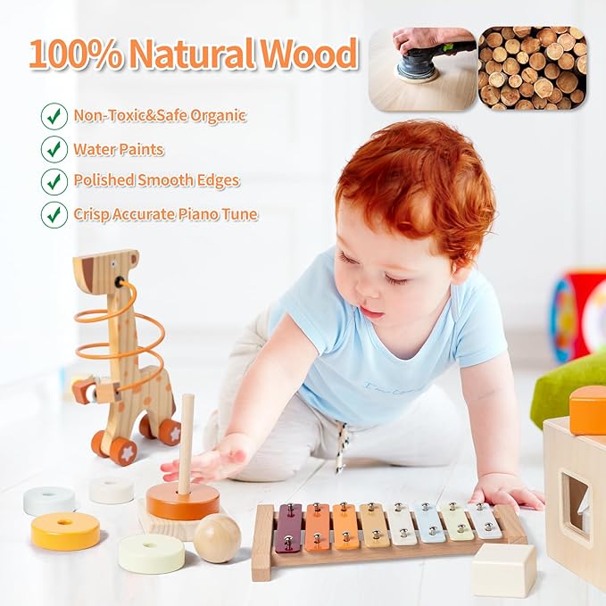 Montessori Toys for 1-3 Year Old, Baby Toys 12-18 Months, Wooden Stacking Rings Toy for Toddlers, Shape Sorting Cube, Xylophone, Preschool Sensory Developmental Educational Toy for Babies