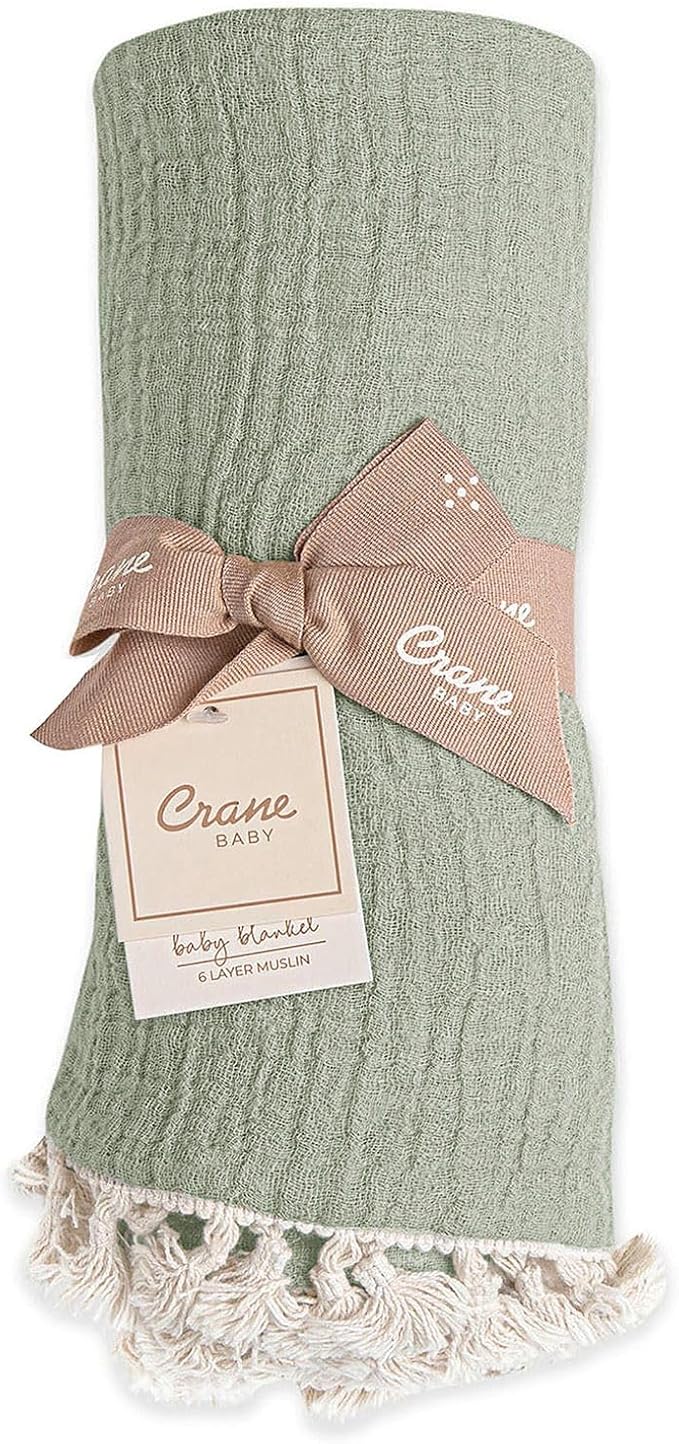 Crane Baby Green Muslin Baby Blanket, 6-Layer Cotton Baby Swaddle, Soft Cotton Lightweight Nursery and Stroller Blanket for Baby Boys & Girls, Fern Green, 30" x 40"