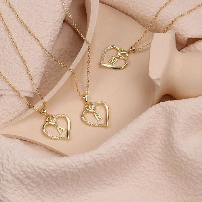 STORUP Heart Initial Necklaces for Women Girls, 14K Gold Plated Cubic Zirconia Heart Initial A-Z Pendant Necklace Dainty Heart Necklaces for Women Teen Girl Jewelry Birthday Gifts