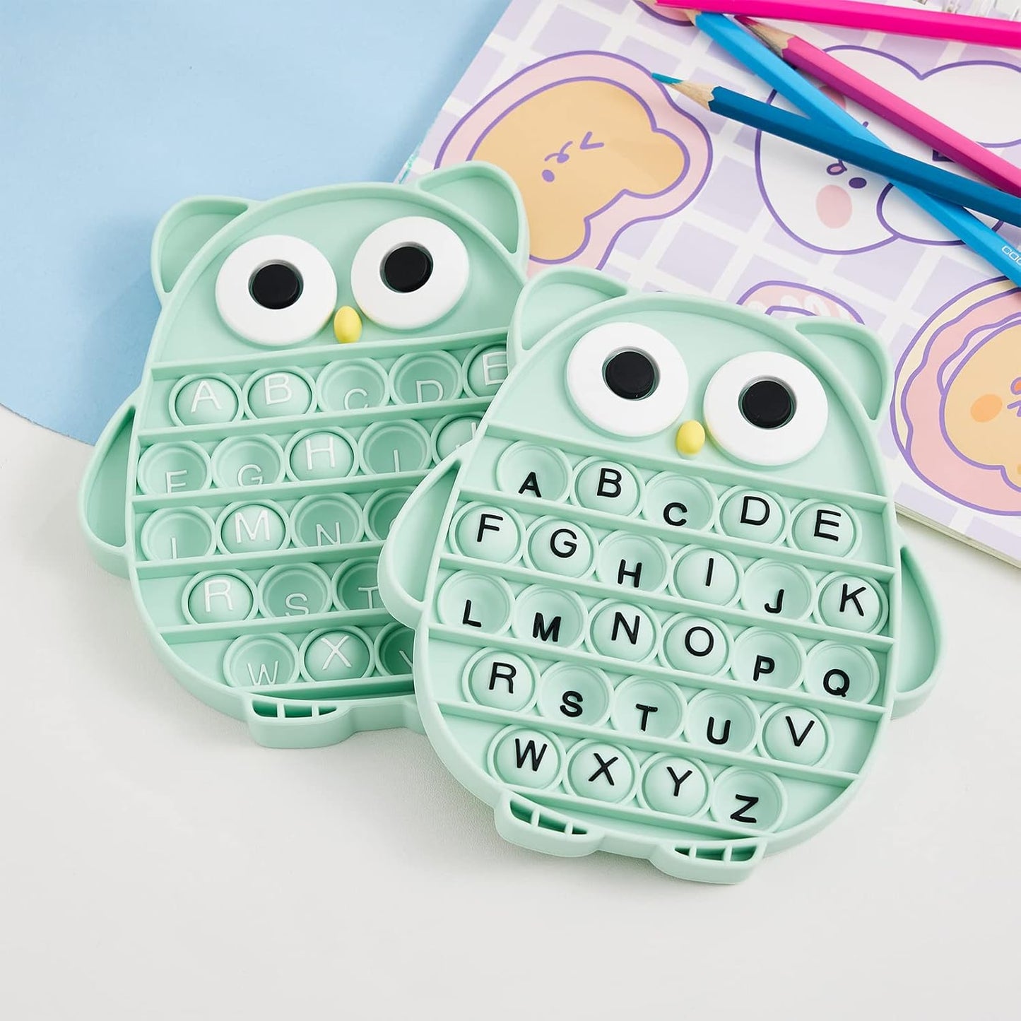 Push Pop Bubble Fidget Sensory Toy, Silicone Stress Relief Popping Toy, ABC Alphabet Owl Shaped Educational Learning Tools for Toddlers Kids Students (Black Letters-Green)