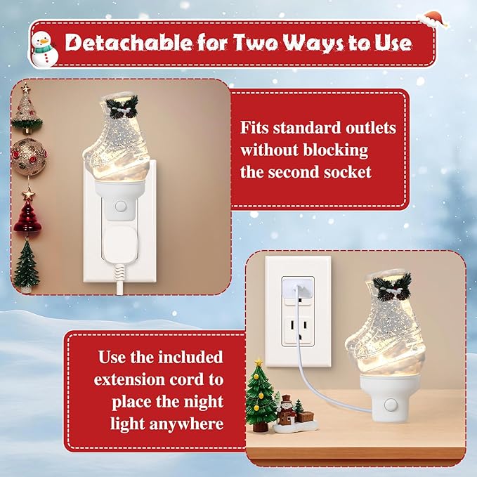 Christmas Night Light Plug into Wall Glitter Water Nightlight with USB/Outlet Options, Christmas Ski Boots Decorative Nightlight for Bedroom Kitchen Nursery Holiday Decorations Gifts (Ski Boots)