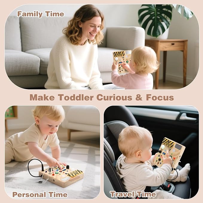 Joyreal Busy Board with 22 LED Light - Montessori Toys for 1 2 3 Years Old, Wooden Toddler Sensory Board for Kids with Autism, Fidget Board Travel Toys for 1+ Year Old Boy & Girl Birthday Gift (Big)