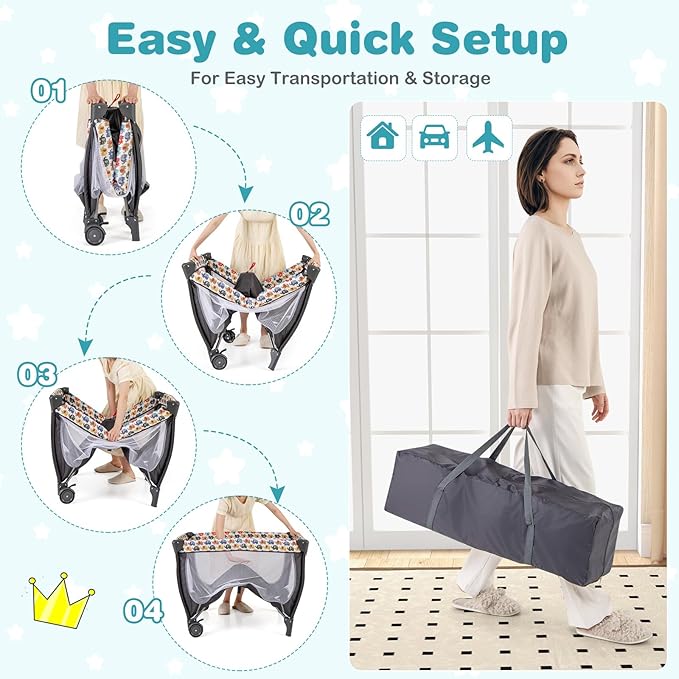 HONEY JOY Pack and Play, 4 in 1 Portable Baby Playard w/Bassinet, Changing Table, Lockable Wheel, Music, Foldable Travel Baby Crib Nursery Center from Newborn to Toddler(Gray, Elephant)