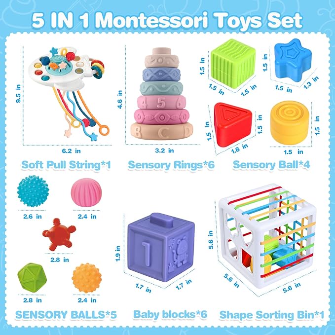Baby Toys 6-12 Months, Montessori Toys,Baby Teething Toys, Sensory Bin Toy, Stacking Building Blocks & Rings Infants,Sorting Sensory Learning Gift for Toddlers for Toddlers 0-3-6-9-12 Month, 5 in 1