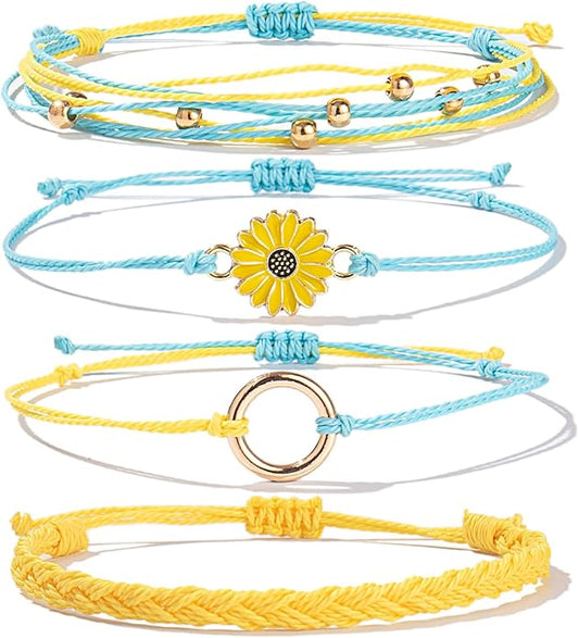 FANCY SHINY Sunflower String Bracelet Boho Braided Rope Wrap Bracelets Cute Summer Beach Surfer Jewelry for Women Christmas Gifts