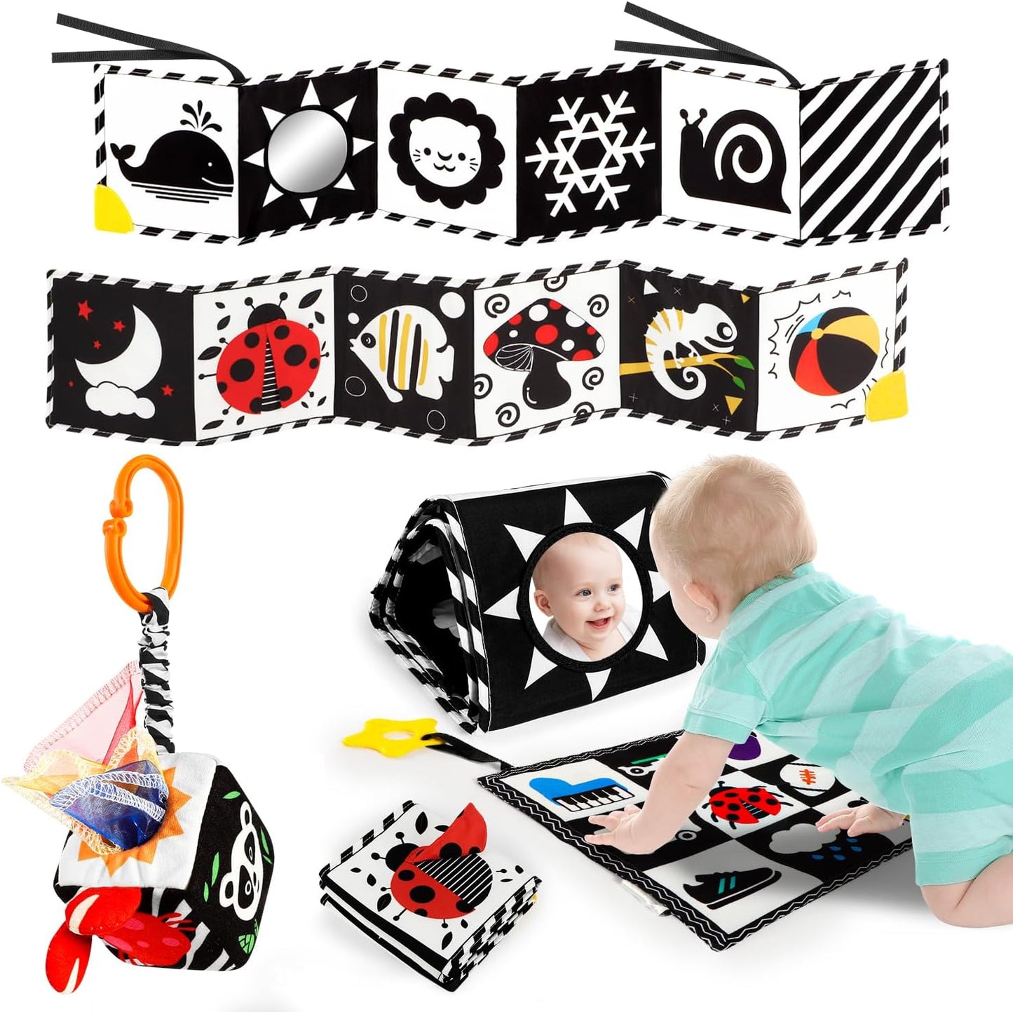 3 PCS Black and White High Contrast Baby Toys for Newborn, Montessori Toy Sensory Infant Tummy Time Toy Baby Essentials 0-6-12 Months Gifts